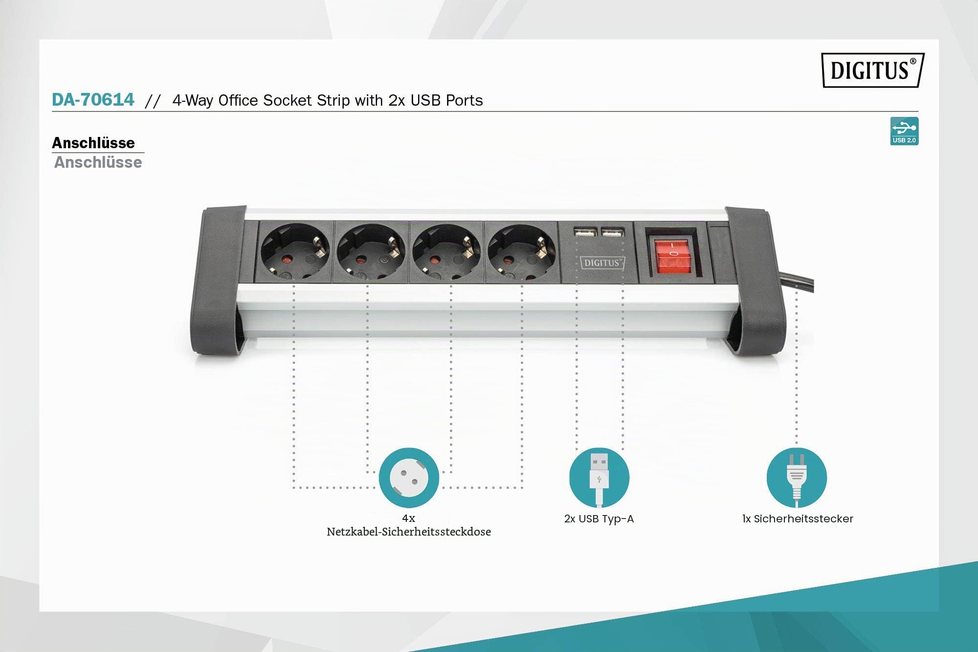 DIGITUS DA-70614 – Steckdosenleiste mit USB – 3 Stück – 2X USB Port (USB-A) – 4X Schutzkontakt Steckdose – Mit Schalter – USB Ladegerät – Für Schreibtisch & Wandmontage | 4x Schutzkontakt-Steckdose – Mit Schalter – Für Schreibtisch und Wandmontage