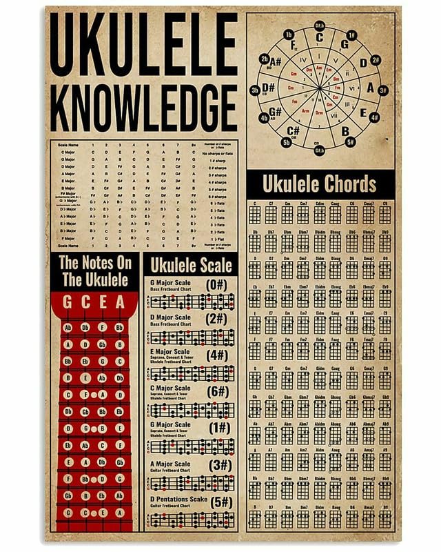 12"x8" Ukulele Knowledge Poster, Perfect Multisize Wall Décor Metal Sign Tin Sign Wall Art for Men Home Bathroom