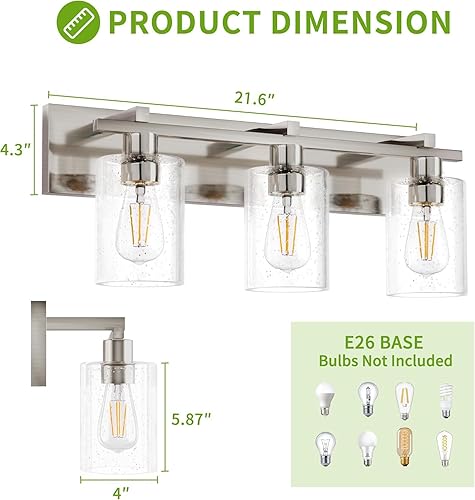 Miniatura 2 de Espird Lámpara de tocador de baño, 3 luces de níquel cepillado con pantalla de vidrio semillado grueso, luces modernas de tocador de 24 pulgadas,