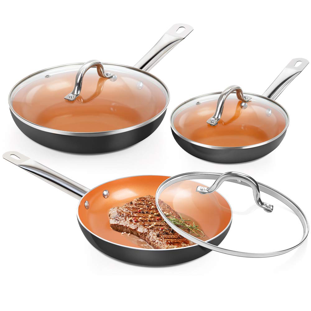 SHINEURI 6 Pieces Nonstick Copper Pan Set - 8 / 9.5 /11 inch, Frying Pan Set with Lid, Fry Pan Set with Induction Base & S...