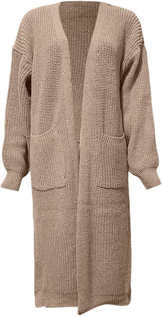 Long Sleeve Sweater for Women Oversized Open Front Cardigan Mid Length Knit Outwear Chunky Trendy Coat with Pocket