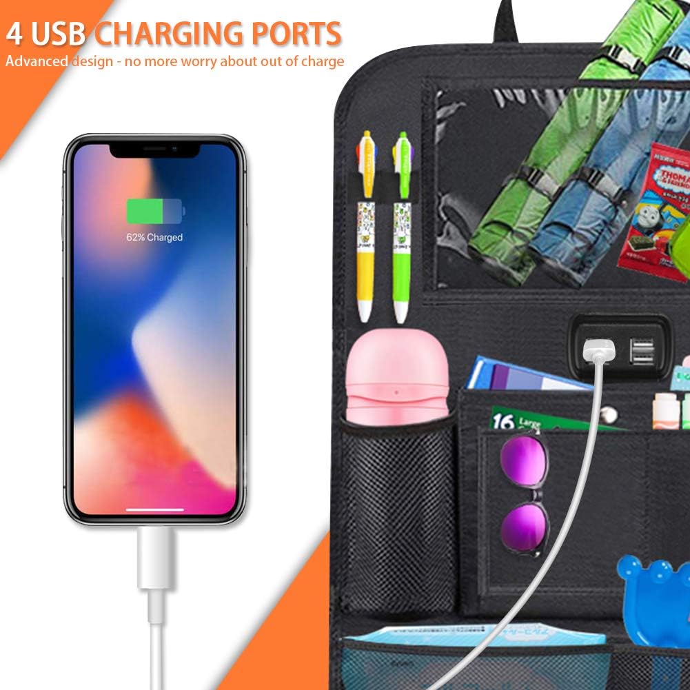 Backseat Car Organizer with 4 USB Charging Port, 11’’ Touch Screen Tablet Holder, Seat Back Protectors Kick Mats for Toy Bottle Book Drink, Universal Fit Travel Accessories for Kid & Toddlers (2 Pack)