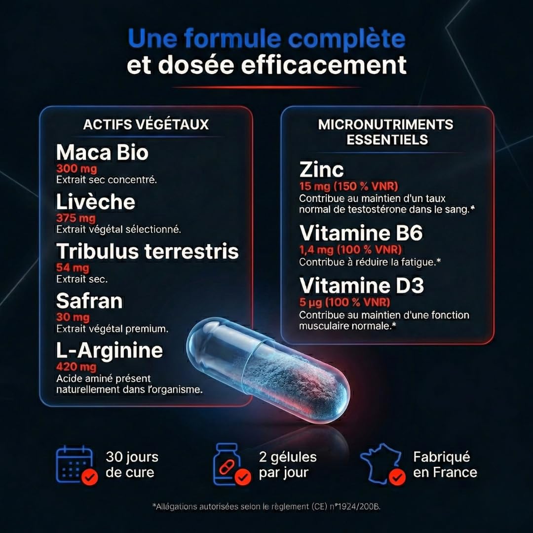 Testosté'Rock Booster Performance Homme | Soutien Taux de Testostérone & Musculation | Énergie, Vigueur & Vitalité | Maca, Zinc, Tribulus & Ashwagandha | 60 Gélules Fabriqué en France
