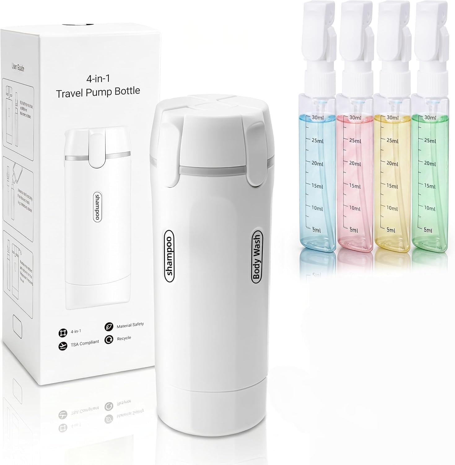 4 in 1 Travel Dispenser Bottle, Leakproof Refillable Toiletry Containers with Label Stickers, Travel Size Bottles for Shampoo, Conditioner & Body Wash, Travel Camping Business Trip Use (White)