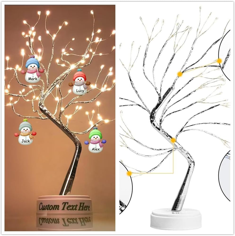 Personalized Snowman Family LED Firefly Table Lamp | Battery/USB Operated Birch Tree | Lighted Tree for Party Holiday Decor (Style 1)