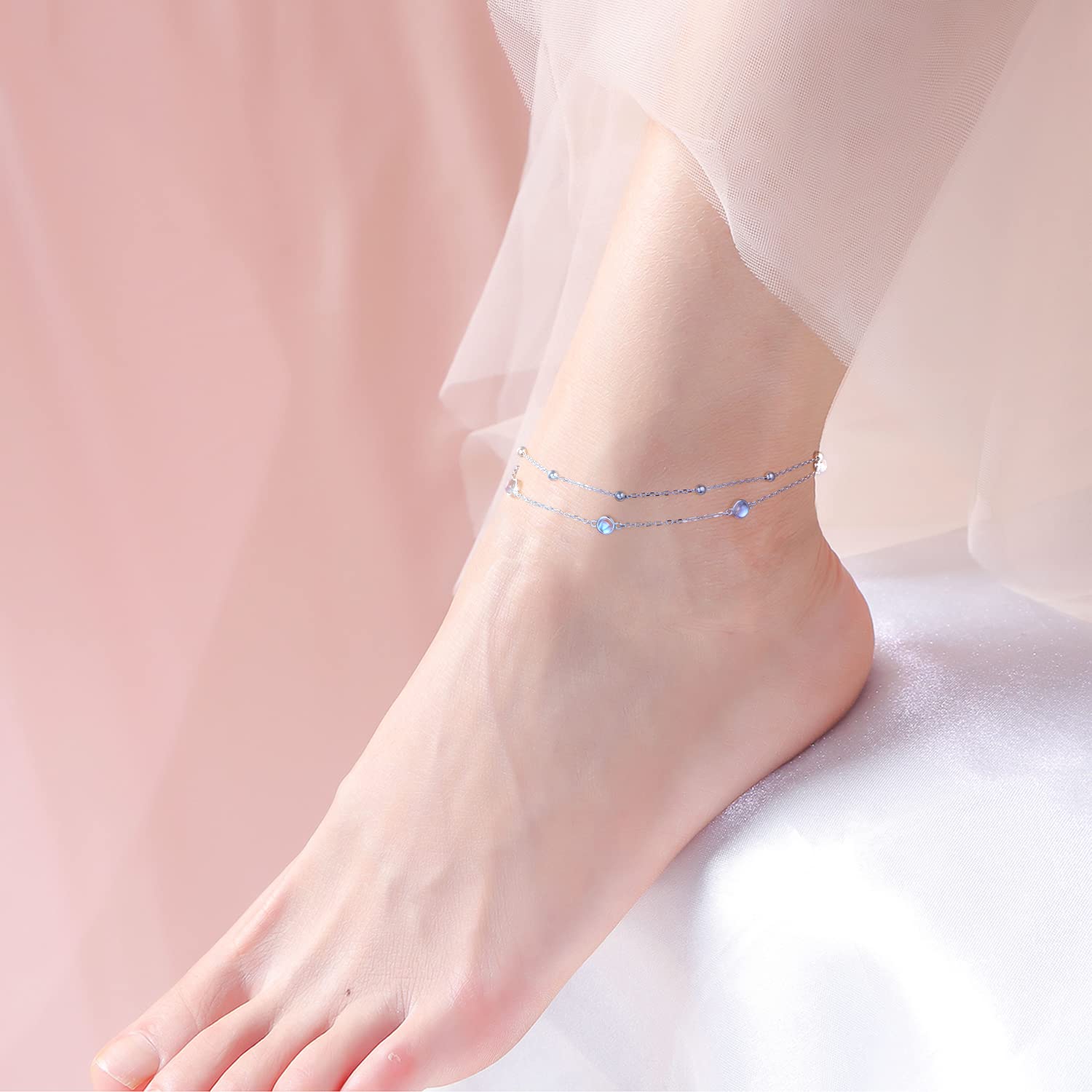 Fußkettchen für Damen Silber 925 Verstellbar Mondstein Fußkette Mehrlagig Unendlichkeits herz/Böses Auge Fussketten für Frauen Doppel Anklets Strand Schmuck