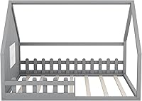 Vista 7 de MERITLINE Cama de casa para niños, cama Montessori tamaño matrimonial, marco de madera con rieles y ventana, no necesita somier, para niños