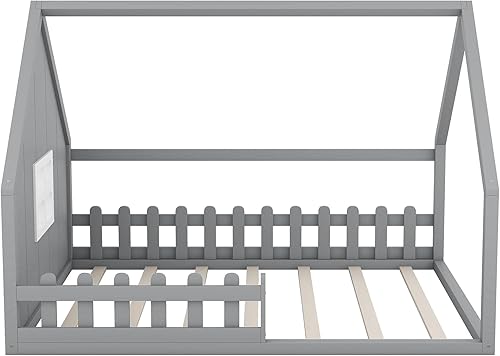 Miniatura 6 de P PURLOVE Marco de cama de tamaño matrimonial para niños, cama de piso completo Montessori para niños, marco de cama Montessori con techo y ventana