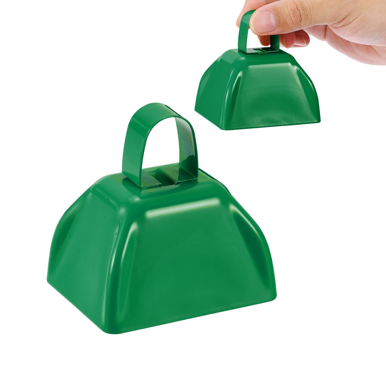 PATIKIL 2pcs Cow Bells for Football Games 3inch Cowbells for Sporting Events Bulk Loud Noise Makers Metal Cow Bell with Handle for Cheering Competition Marathon Wedding Green