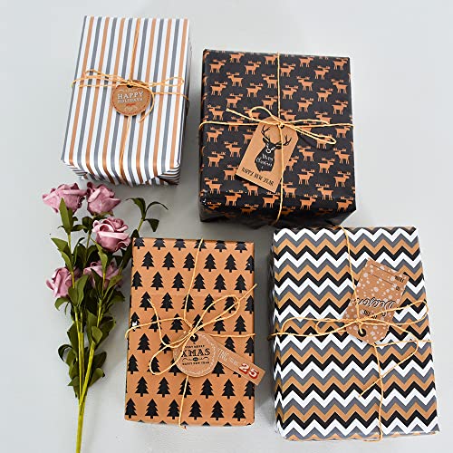Beishida 6 Styles Wrapping Paper Set-Straw Ropes&Stickers&Double-Sided Tape& Bow-Gift Wrap Paper For Christmas, Birthdays, Party, Diy Decorations, Animal Pattern 12 Sheets Folded 20X28 Inches #TOP6