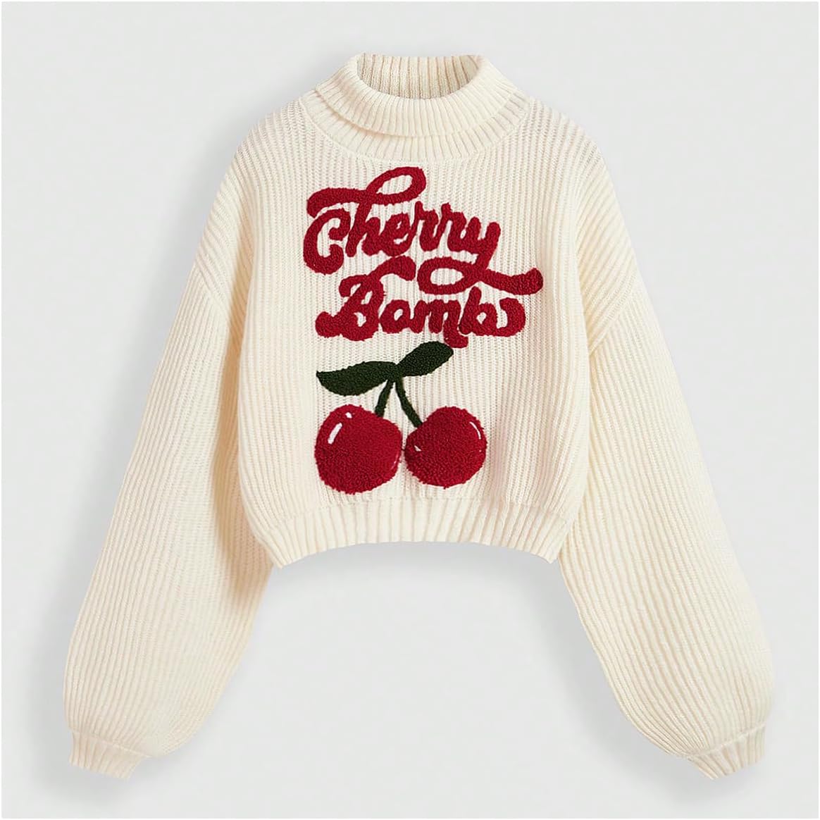 Women's Cherry Embroidered Turtleneck Sweaters Long Sleeve Knit Pullover Tops Knitwear - Image 5