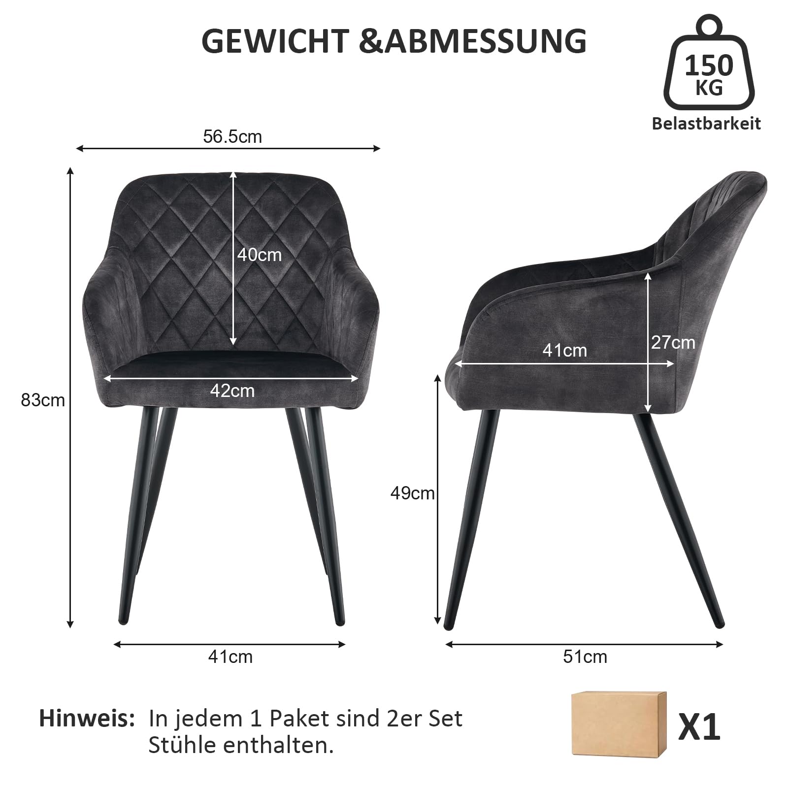 CLIPOP Esszimmerstühle 2er Set, Küchenstühle Grau Samtstoff Wohnzimmerstühle Polsterstühle mit Armlehne Metallbeine Polstersessel Stühle für Esszimmer Wohnzimmer Küche (2, Samt Kohlenstoffgrau)
