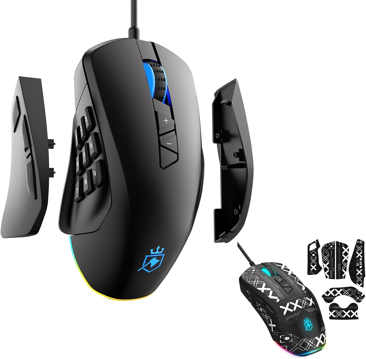 Wired Gaming Mouse with Side Plates, MMO Mouse with 14 Programmable Buttons, Ergonomic Gaming Mouse with 2 Grip Plates, Computer Mouse with Max 12,400 DPI, RGB Lighting, Grip Tape Included