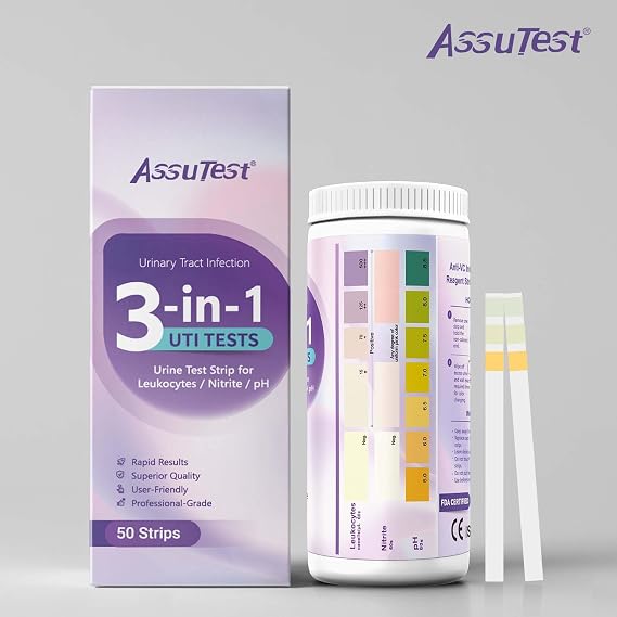 AssuTest UTI Test Strips - 3-in-1 Advanced Urinary Tract Infection Home for Women Men Kids Detection with Accurate Leukocytes, Nitrite, and PH Readings, Simple at-Home Urine Test Strips, 50ct
