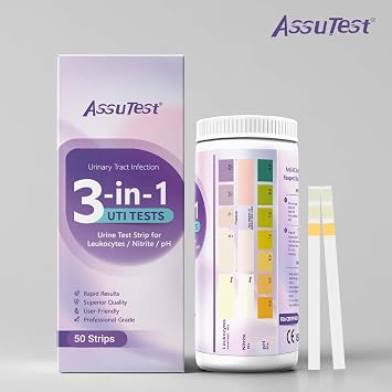 AssuTest UTI Test Strips - 3-in-1 Advanced Urinary Tract Infection Home for Women Men Kids Detection with Accurate Leukocytes, Nitrite, and PH Readings, Simple at-Home Urine Test Strips, 50ct