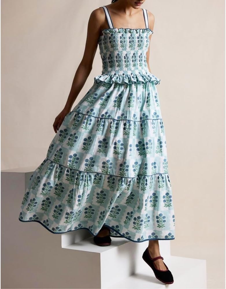 Women Floral Maxi Dress Sleeveless Smocked Ruffle Flowy Boho Sundress with Pockets Summer Vacation - Image 5