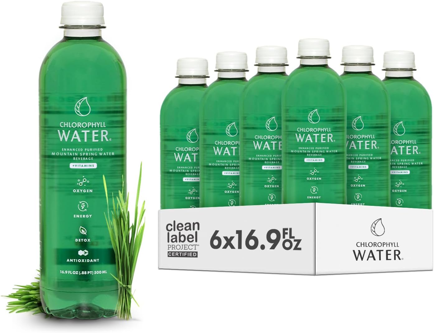 Chlorophyll Water (6-pack) Certified Clean Label, Chlorophyll Liquid Drops in Purified Water, Beauty Drink for Glowing Skin, Anti-Aging & Natural Detox with Plant-Based Vitamins A, B12, C, D3 (16.9oz)