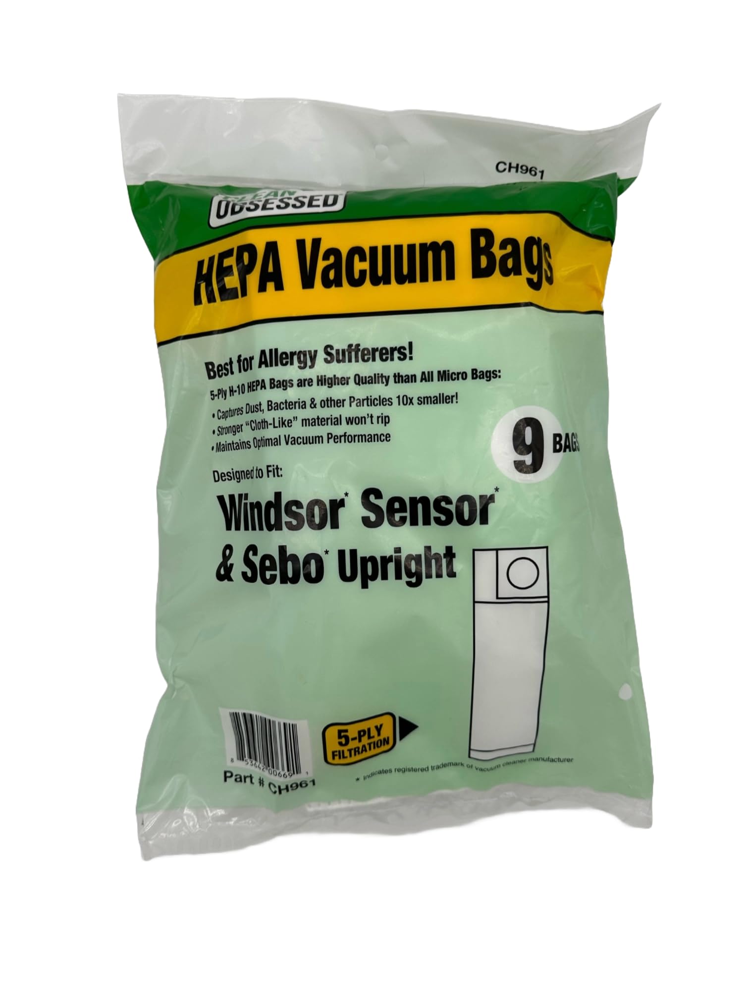Clean ObsessedReplacement Vacuum HEPA Bags for Windsor Sensor & Sebo Upright Vacuum Cleaners, Includes 9 HEPA Bags