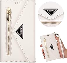 Compatible con Xiaomi Mi 10 Lite, funda de piel, cartera, funda con cremallera y 5 ranuras para tarjetas, color blanco