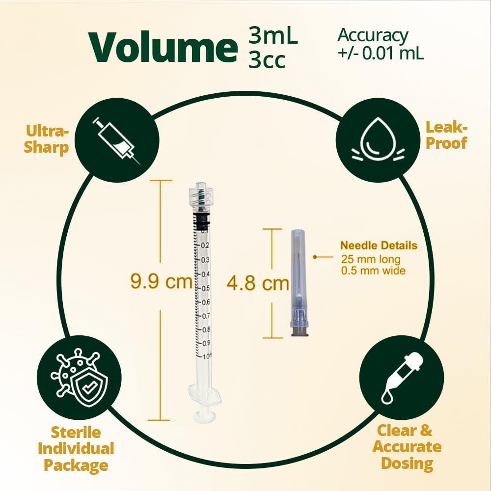 Elimedical Veterinary Syringe with Needle, Luer Lock 3cc (3ml), 22G x 1 inch (25mm), Individually Sealed, 100 per box, 03LT2225