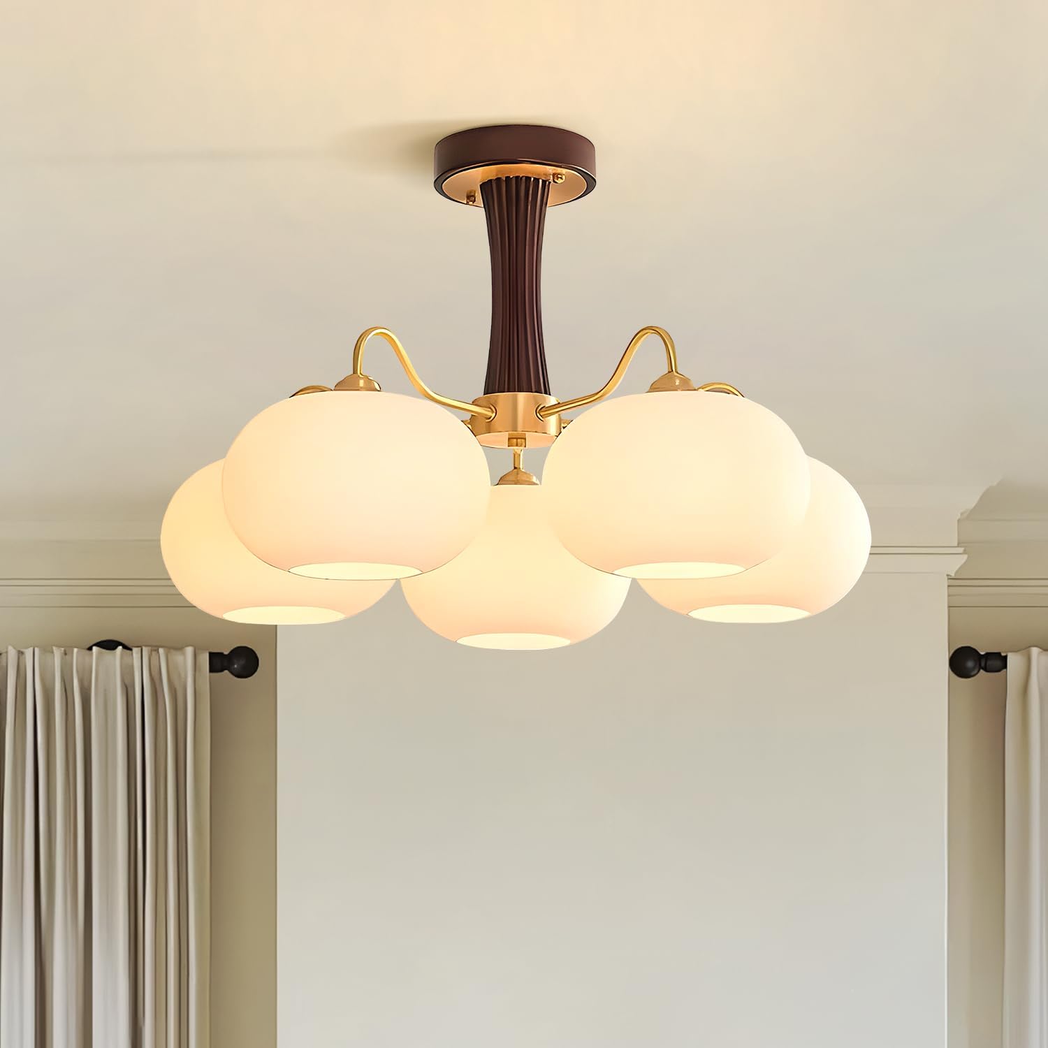 Vintage Flush Mount Ceiling Light 28" Large Semi Flush Mount Ceiling Light with 5-Light,Gold & Wood Design,Glass Lampshade,Ideal for Kitchen Bedroom Farmhouse