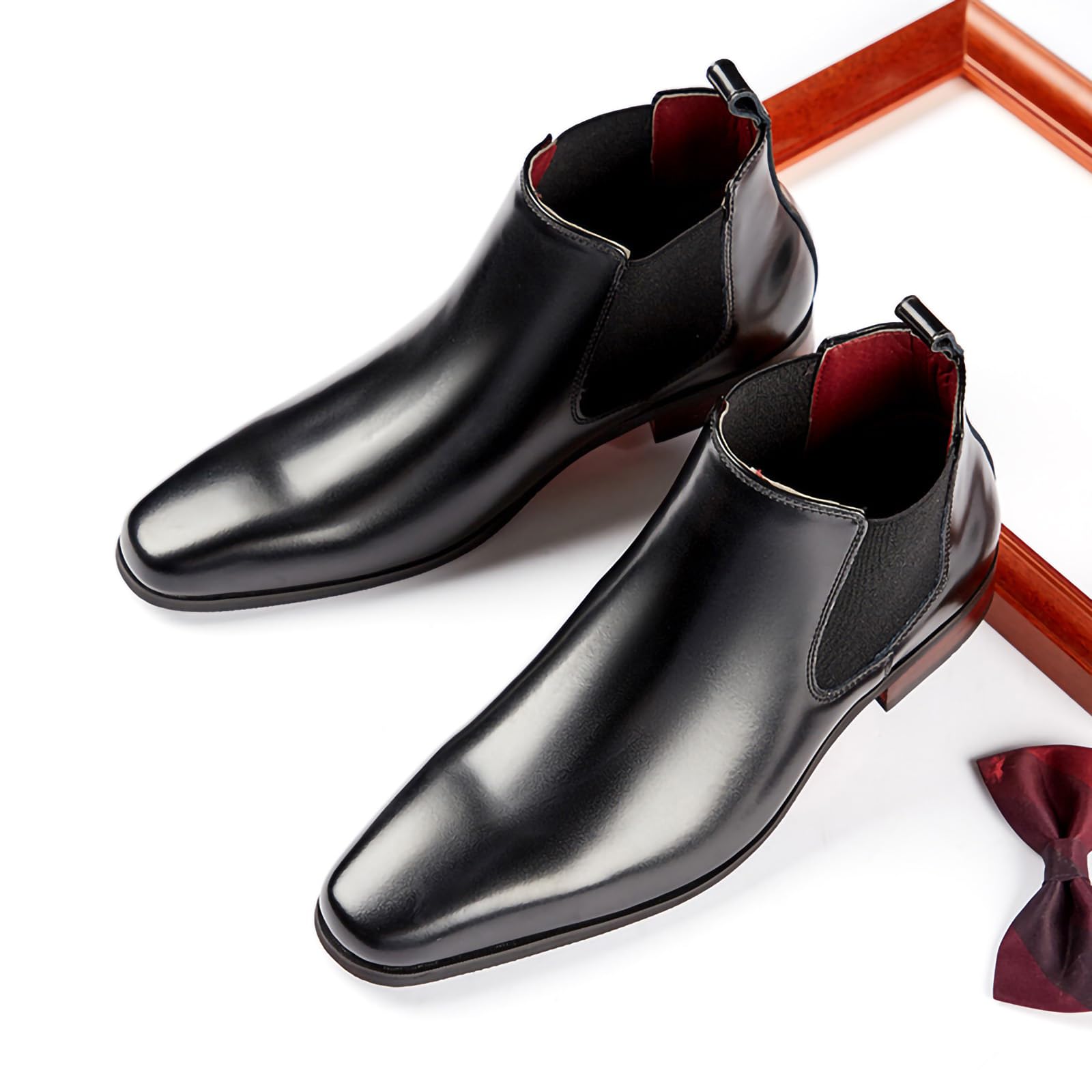 Męskie buty Chelsea Business Dress wsuwane kostki polerowana skóra niski obcas kwadratowy nosek buty, Czarny, 40 EU