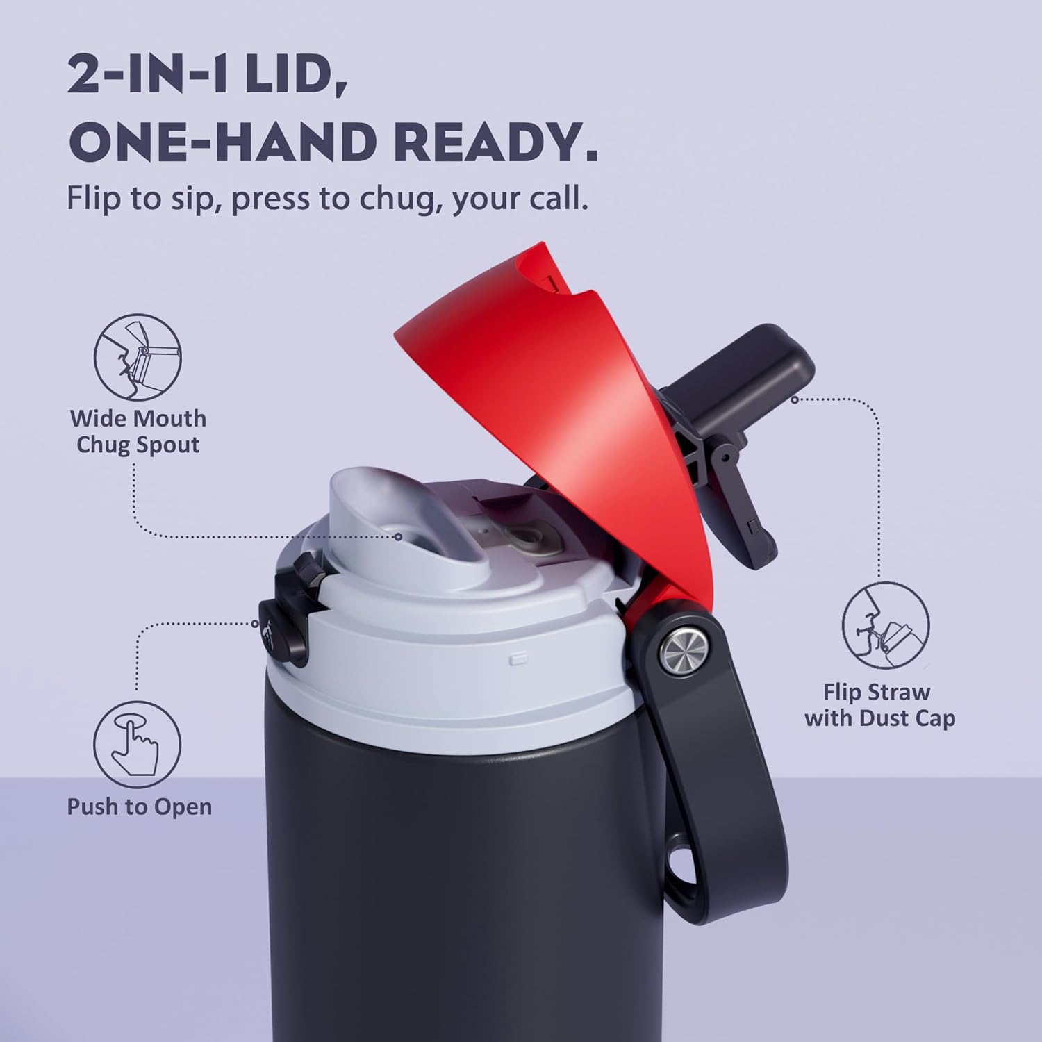 POWCAN 18 oz Stainless Steel Water Bottle: 2-in-1 Push-Button Spout & Quick-Flip Straw, Leakproof, Cold 24Hrs, Fits Car Cup Holder, Insulated Vacuum Flask for Sports, Trip, School Gift (Storm Hammer) - Image 2