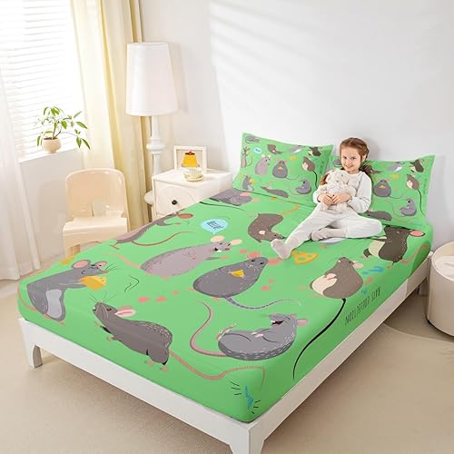 Miniatura 1 de Erosebridal Sábana bajera ajustable de rata, juego de ropa de cama Kawaii de roedores tamaño Queen para niños, niñas y mujeres, sábana bajera