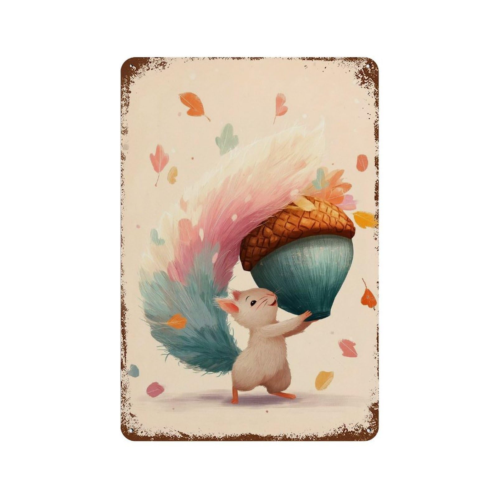 Squirrel Carrying A Giant Acorn Vintage Rust Metal Sign 11.8"x7.9", Shabby Chic Decor for Shed, Workshop And Garage Wall Decor