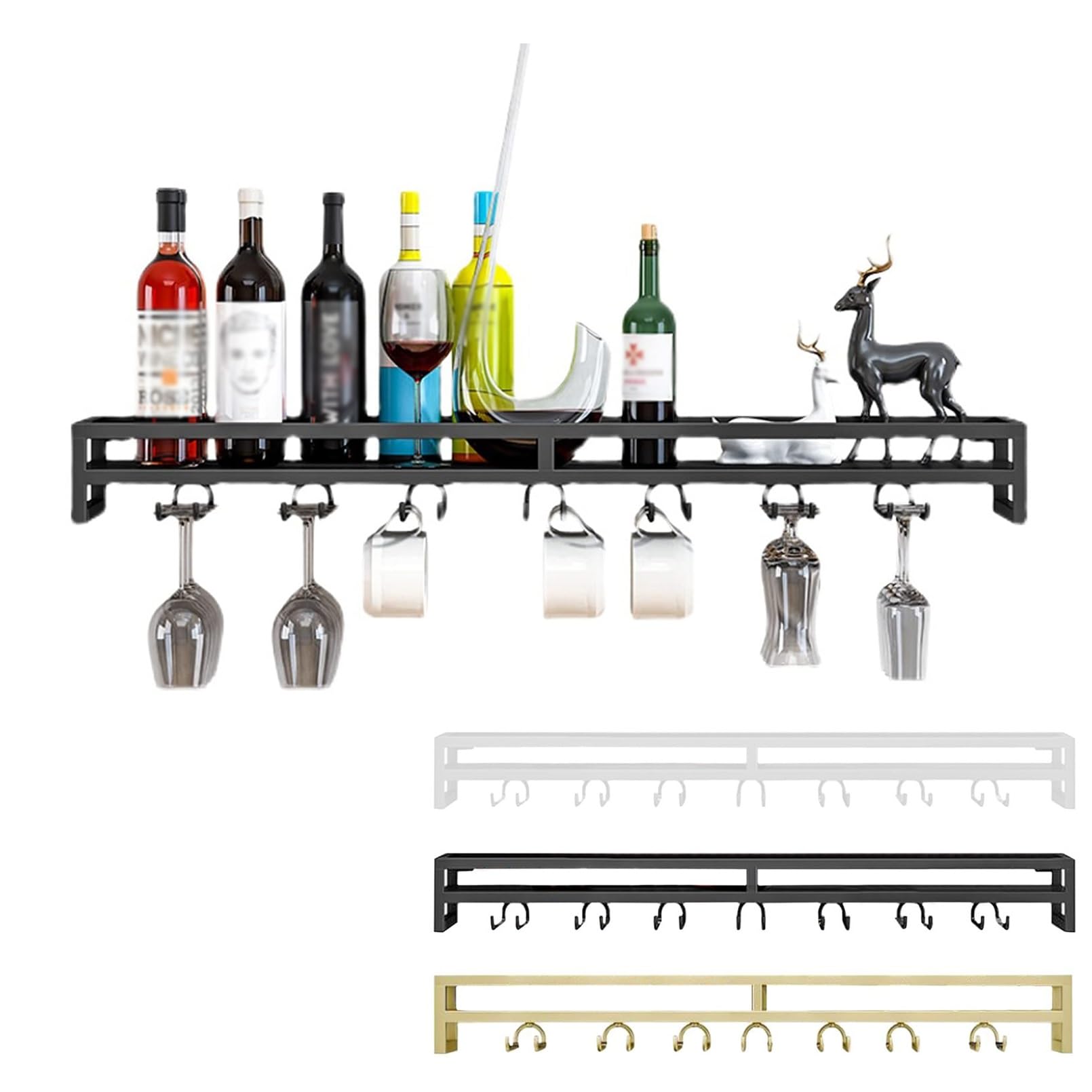 Botellero Moderno de Pared de Metal con Estante de Cristal, Soporte para Copas y Enfriador de Botellas Flotante para el hogar, Bar, Cocina, cafetería o Bodega.