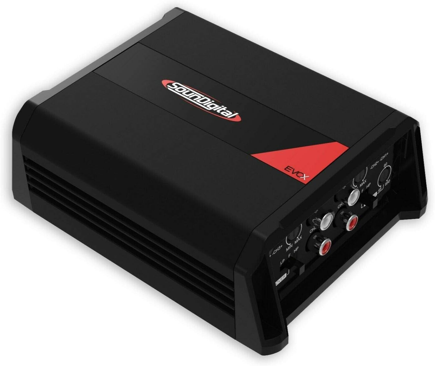 SounDigital 800.4 Evox 4-channel car amplifier, showing the control panel with RCA inputs and adjustment knobs.