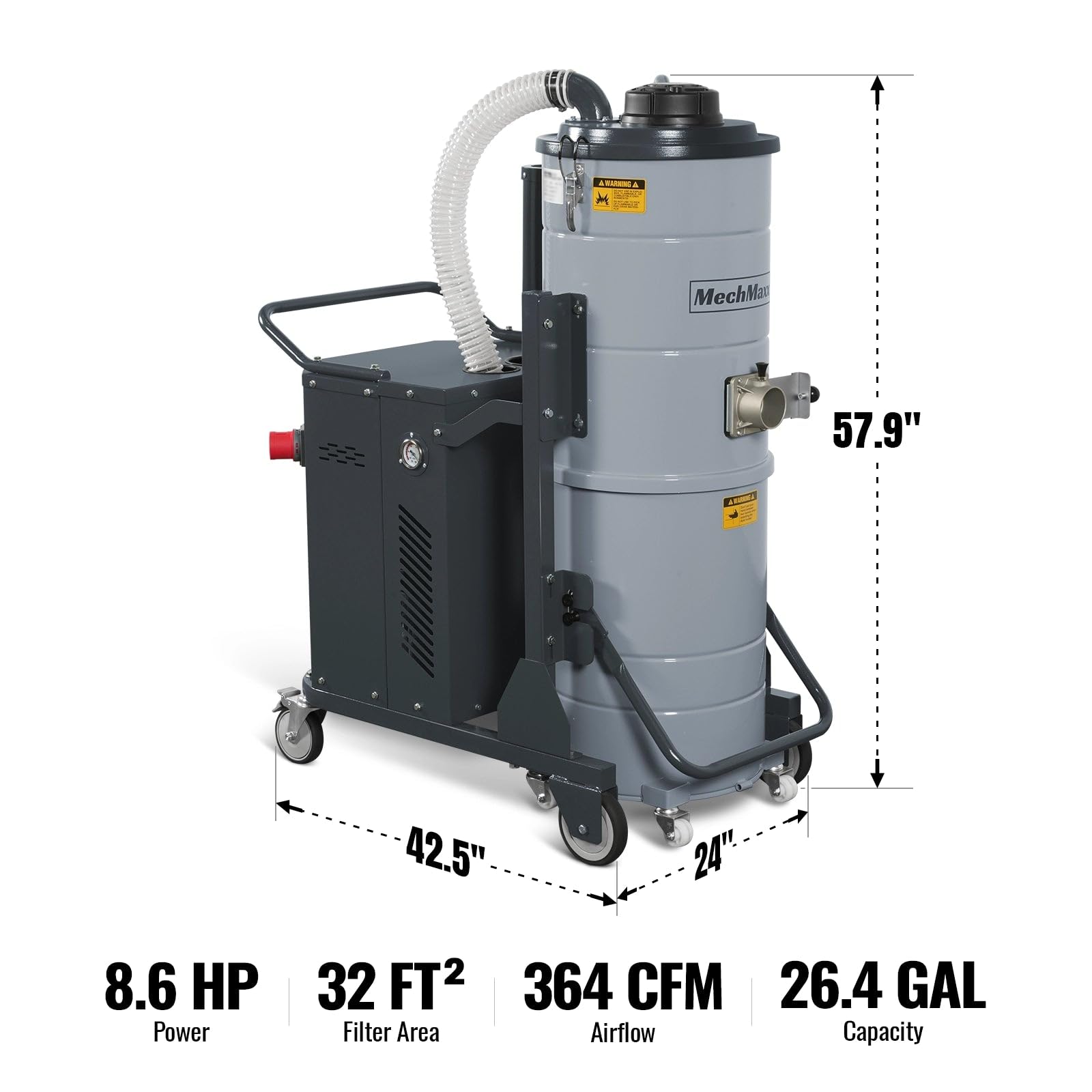 MechMaxx Industrial Wet/Dry Vacuum Cleaner with HEPA Filter Continuous Duty 8.6 HP 364 CFM 26.4 Gallon - 230V 3Phase, IVB230