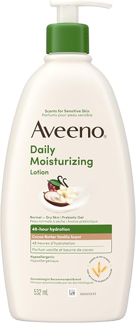 Aveeno Lotion hydratante quotidienne avec un parfum de vanille au beurre de cacao & Apaisant l'avoine prébiotique, Lotion légère fournit 48-Hour Hydratation pour la peau sensible, hypoallergénique, 532 mL