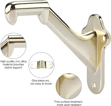 RealPlus Handrail Stair Brackets 3pcs Heavy Duty Hand Rail Bracket with Screws for Stairways Staircase Railing Bracket (Bright Brass)