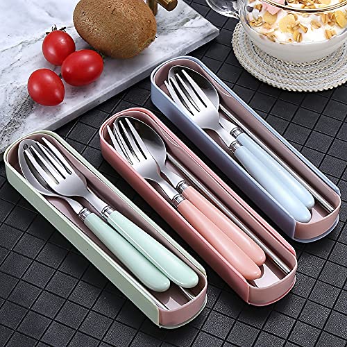 Image of 3-Piece Portable Cutlery Set - Metal Spoon, Fork & Chopsticks with Plastic Handle and Travel Box for Lunch Box, Office, School & Home (Blue)