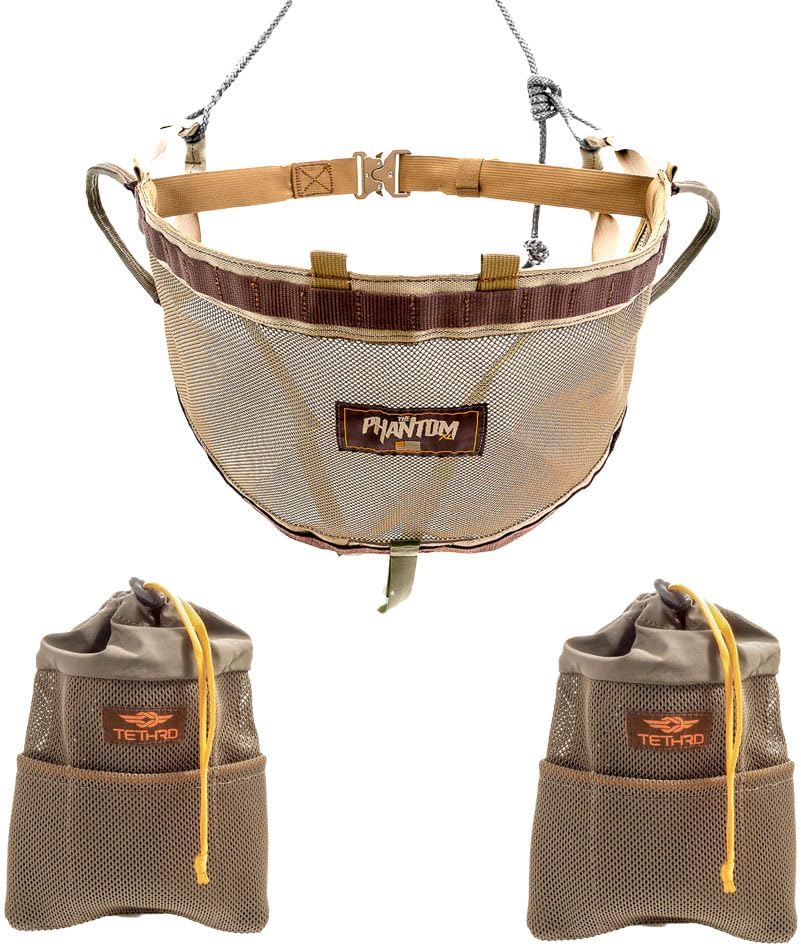 Tethrd Phantom Hunting Saddle Regular - Ultralight and Ultra Strong Hunting Saddle w/a Rating of 300 lbs - with Two ES 2.0 SYS Haulers Ultralight Saddle Hunting Storage Systems - Both in Coyote Brown
