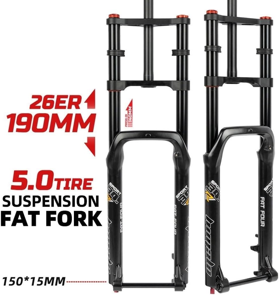 MTB Air Suspension Fork 26x5.0'' Fat Bike Fork Travel 190mm 1-1/8 Straight Front Fork Thru Axle 15x150mm Rebound Adjustable Double Shoulder Manual Lockout，for Mountain Bike Ebike(Black)