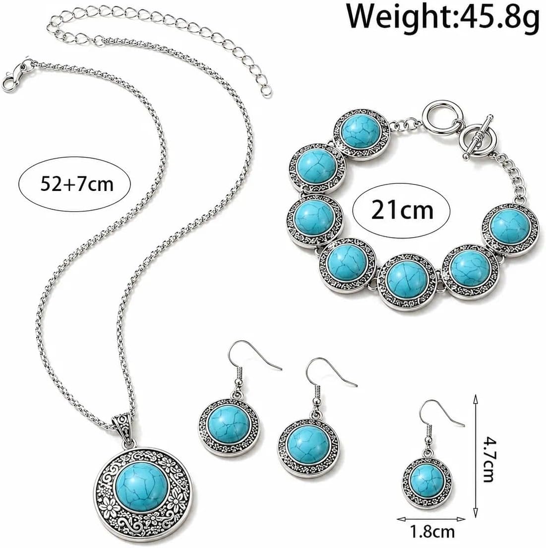 Boho Vintage Gold Turquoise Jewelry Set for Women, Western Adjustable Geometric Round Pendant Necklace Beaded Bracelet Drop Earrings Cowgirl Party Gifts image 3