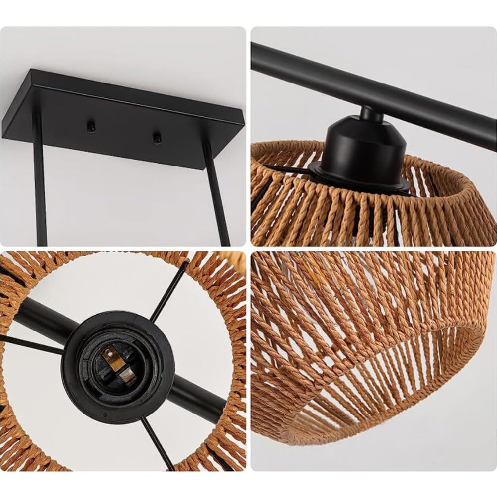 Rattanowa Lampa Wisząca Vintage Boho Lampa Sufitowa 3 Płomienie E27 Lampa Stołowa Do Jadalni Pleciony Abażur Rustykalna Żyrandol Do Jadalni Kuchnia Sypialnia Salon Przedpokój