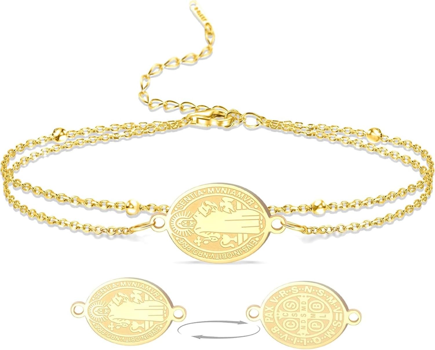 Wuufake Saint Benedict Medal Bracelet Adjustable String Catholic Rosary Exorcism Protection Christian Religious Jewelry Gifts for Women Men, Gold2