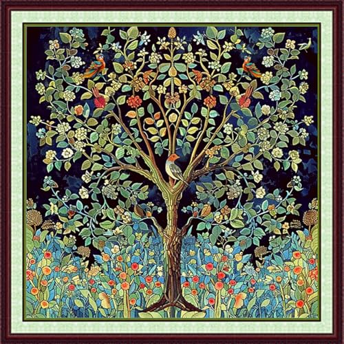 Image of Foxhool Stamped Cross Stitch Kits,11CT Printed Cross Stitch Pattern Full Embroidery Kits for Beginner Needlepoint Kits-Tree of Life Flower 18x18 inchs