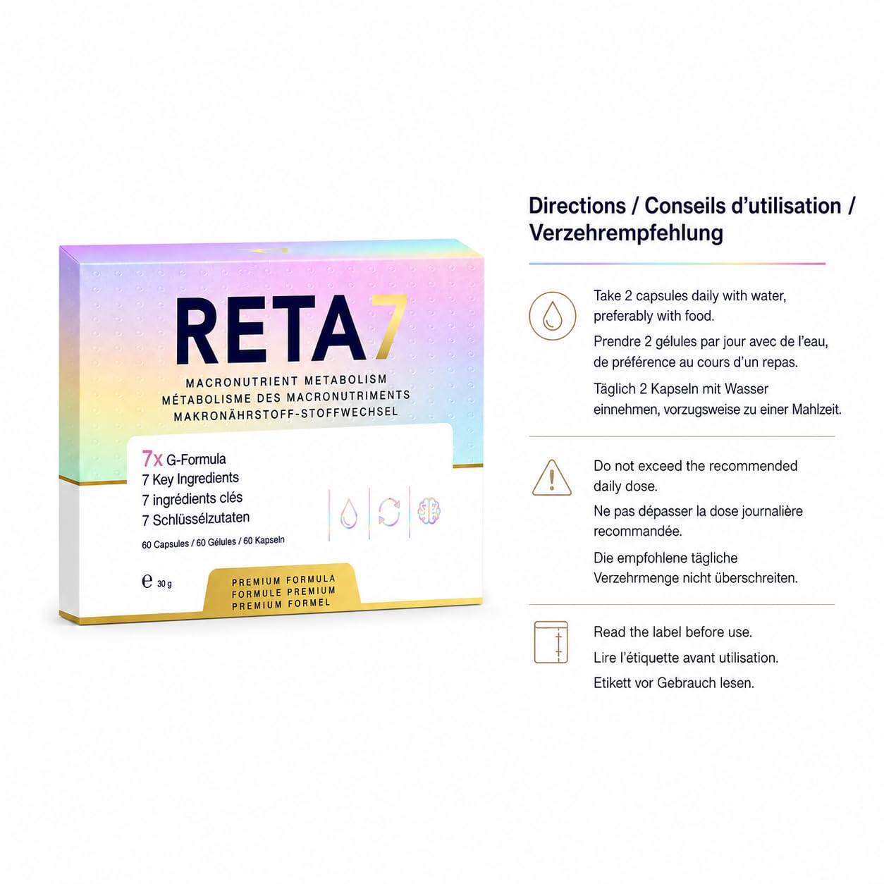 RETA7 G-Formula Nahrungsergänzungsmittel, 60 Kapseln, 3-fach Kapsel-Formel mit Guarana, Apfelessig-Extrakt, Inulin, Aminosäuren, Zink und Chrom