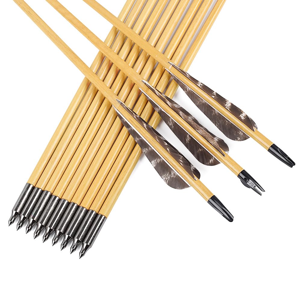 12 pièces 81 cm de flèches en bois avec 10 cm de plumes naturelles Flèches pour tir à l'arc Flèches en bois Flèches de chasse fabriquées à la main pour arc traditionnel Arc recurve Arc long