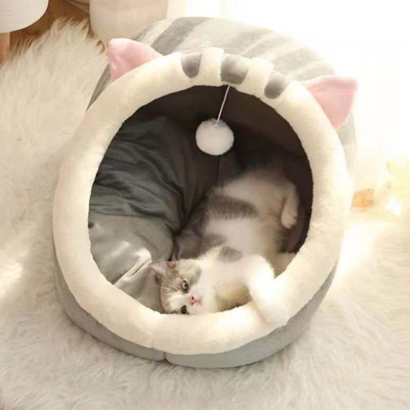 Cuccia per gatti, 2 pezzi, semi chiusa, graziosa cuccia decorativa per gatti con giocattolo sospeso, resistente alle intemperie, impermeabile, per esterni, comoda per animali | Morbida Extra Accogliente Rotondo Stile Grotta Peluche Morbido Caldo Confortev