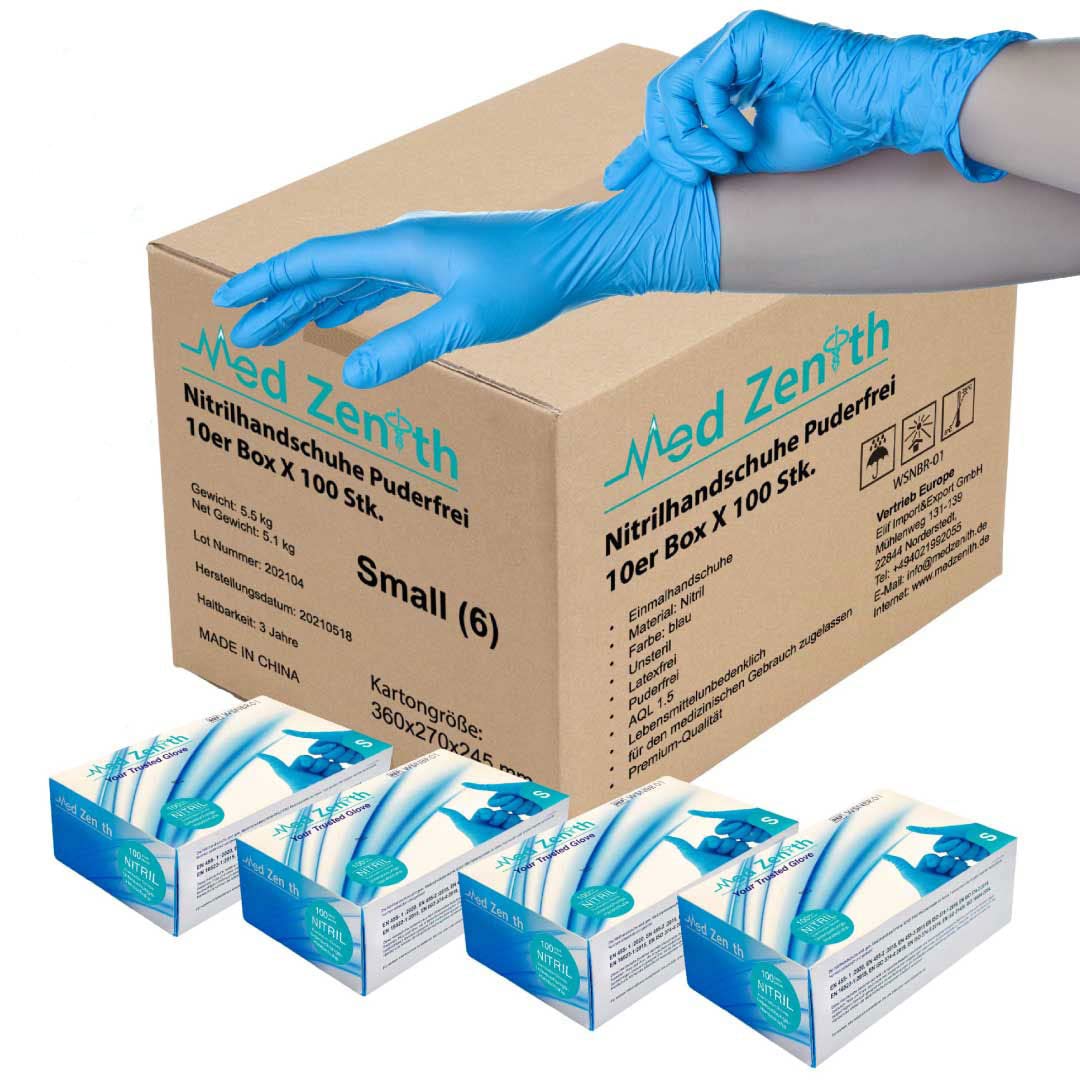 Nitril Einweghandschuhe medizinische Einmalhandschuhe aus reißfesten Nitril Puderfrei Latexfrei Blaue 1000 Stück in Spender-Box für einwandfreie Hautverträglichkeit (S, 1000)