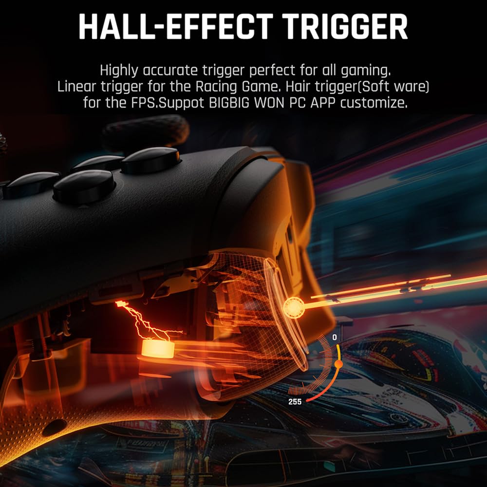 BIGBIG WON Controller senza fili Gale Hall PC Controllers Motion Aiming, Hall Trigger, 4 pulsanti personalizzati, App Control Game Controller per PC/Switch/iOS/Android con Dock di ricarica (nero)