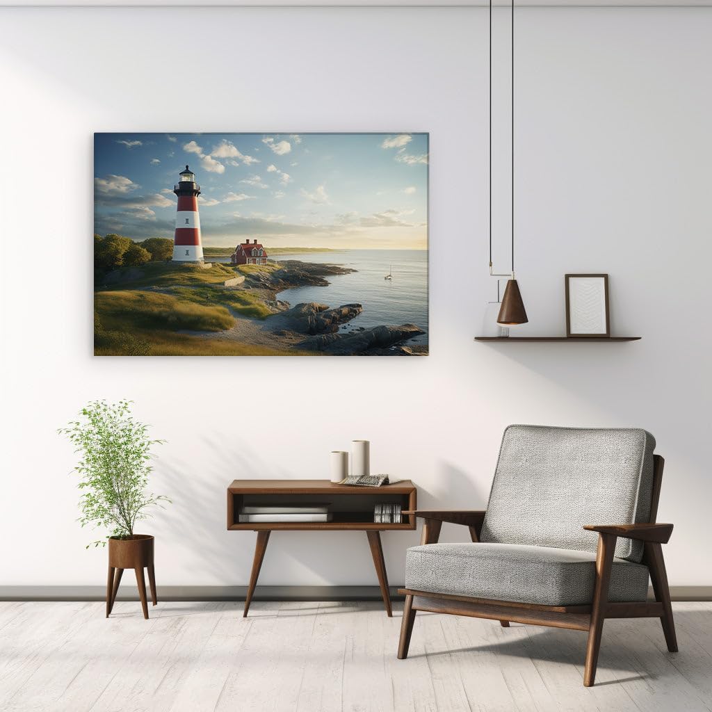 Canvas for Living Room. Lighthouse Serenity � A Timeless Coastal Haven Where Land, Sea, and Sky Embrace, 27 x 18 inch Canvas Wall Art - Contemporary Masterpieces - Modern Home Decor