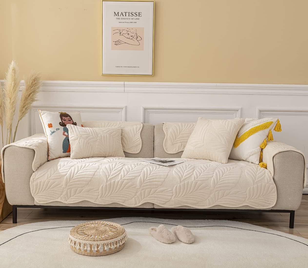 vctops Leaves Pattern Plush Sofa Cover Super Soft Warm Sectional Couch Cover Non-Slip Sofa Slipcover for Dogs, Cats, Kids, Pets Furniture Protector (Cream,36"x47")