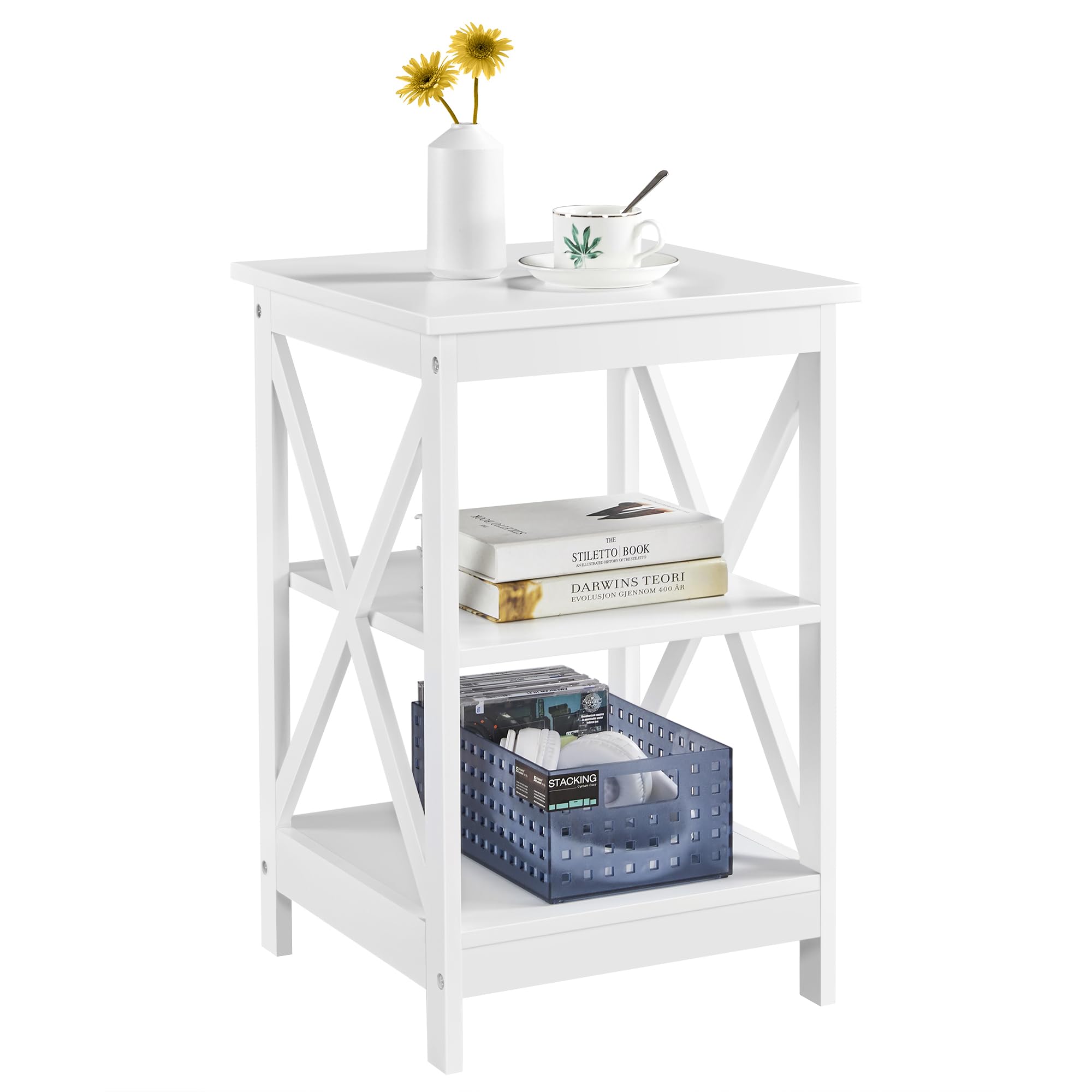 Yaheetech 3 Tier Sofa Side End Table with Shelf, X Shaped Sturdy Large Chair Side Snack Table for Living Room, Display Unit Organizer, White, 15.7 x 15.7 x 24’’ (L x W x H)
