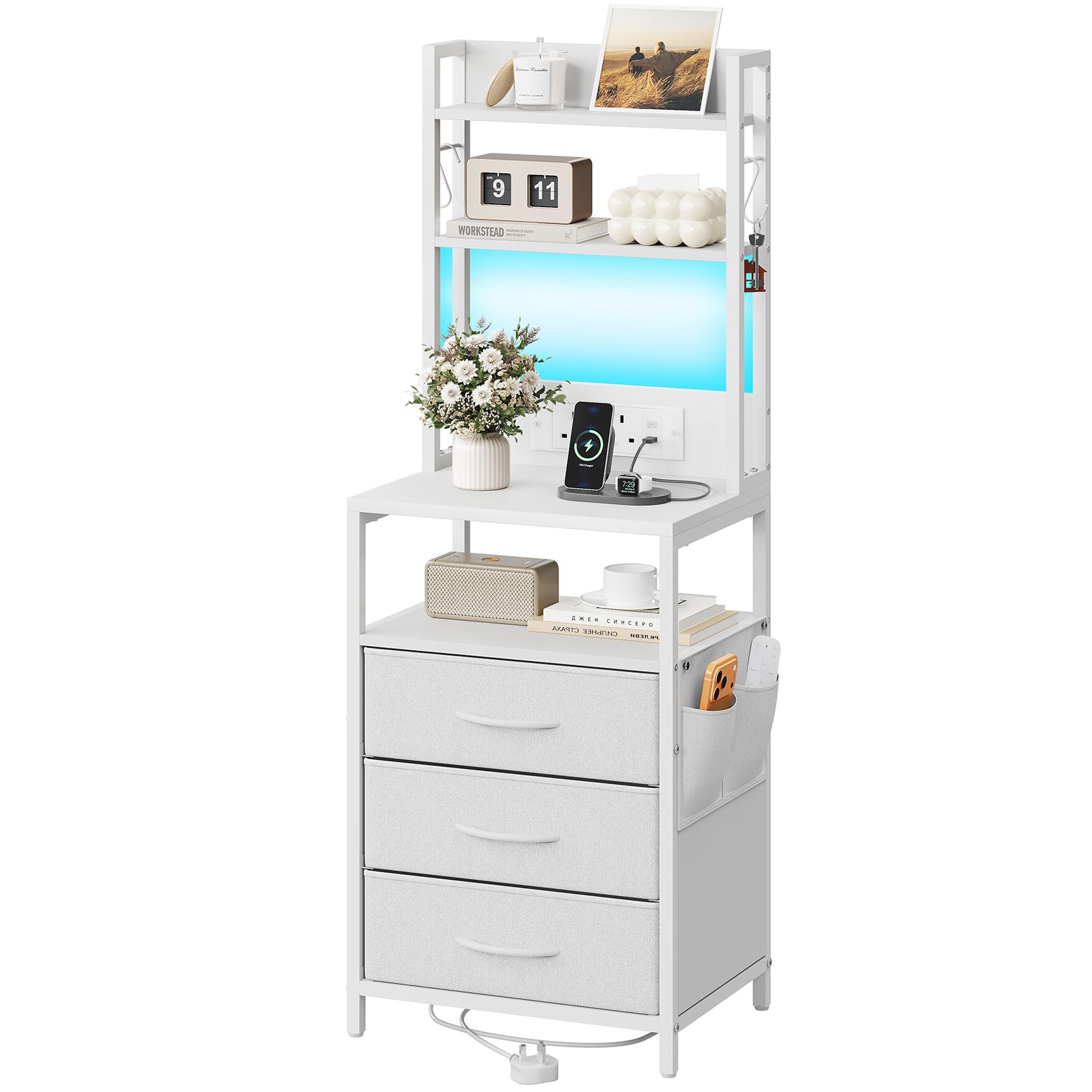 Dripex LED Bedside Table with Charging Station, 3 Fabric Drawers, White — image 1